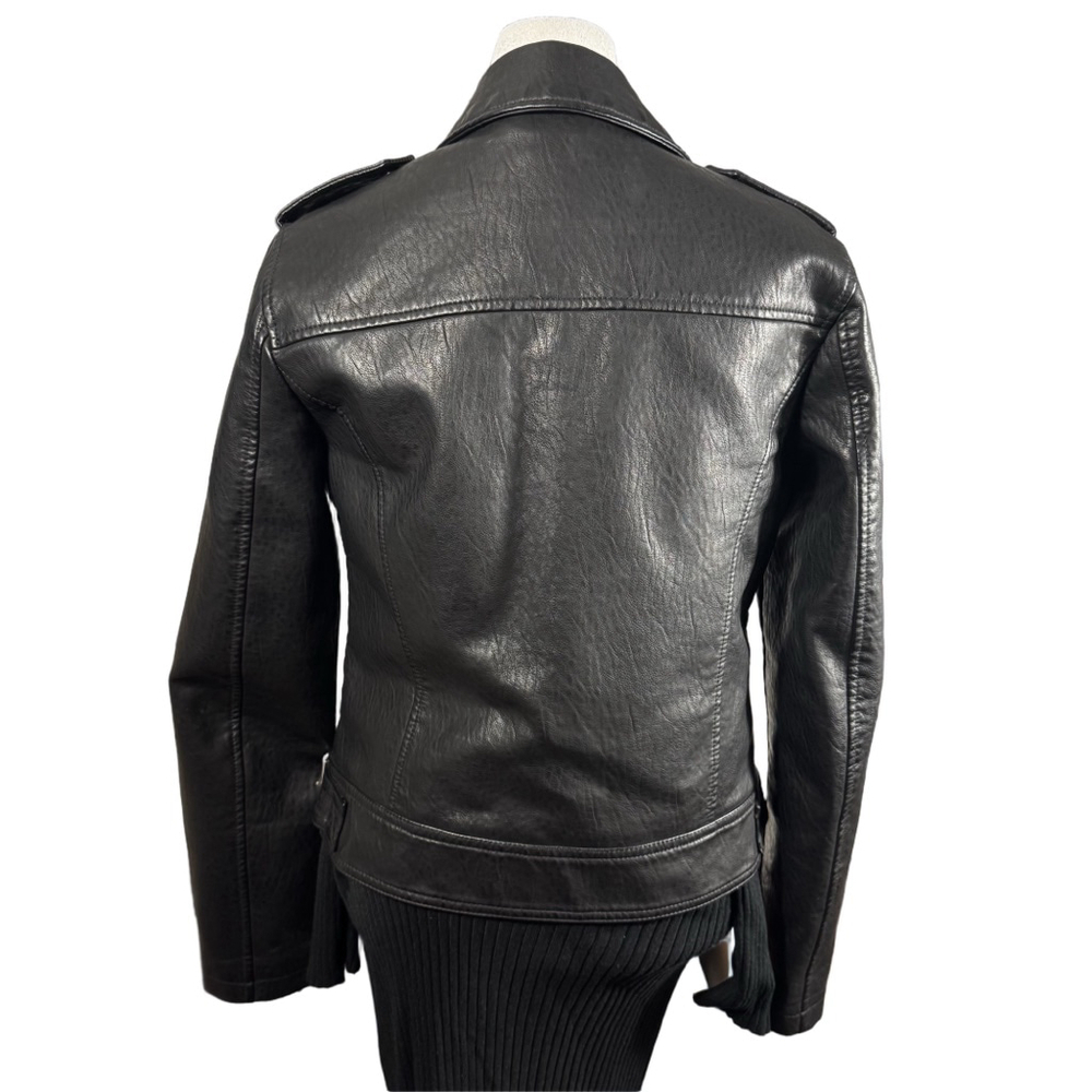 Size 6 Topshop Black Faux Leather classic Moto Jacket pockets Zippers Unisex - Picture 7 of 12